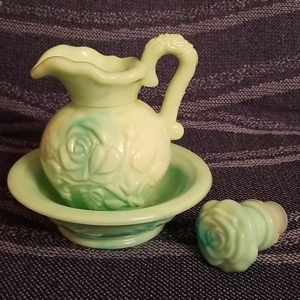 Avon Slag Glass Jadeite Pitcher with Basin Bowl